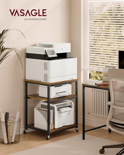 VASAGLE Printer Stand with Locking Wheels, Industrial Mobile Cart, Under Desk Printer Table for Home Office, 23.6 x 19.7 x 29.6 Inches, Storage Shelf, 3-Tier, Rustic Brown and Ink Black - color: Rustic Brown + Ink Black, size: 3 Tiers/Large