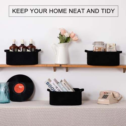 OIAHOMY Cotton Rope Woven Baskets for Storage, Nursery Rectangle Storage Basket with Handles for Shelves, Pack of 3, Black - color: Black