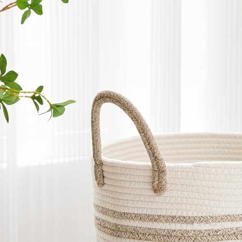 VIPOSCO Large Laundry Hamper, Tall Woven Rope Storage Basket for Blanket, Toys, Dirty Clothes in Living Room, Bathroom, Bedroom - 53L Brown & White - color: Brown & White, size: 53L