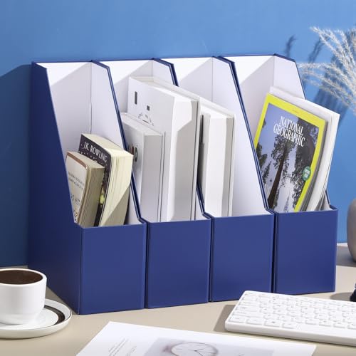 Feifeiya Magazine File Holder Set of 6 Stylish Sturdy Cardboard File Boxes Desk Organizer Beautiful Magazine Holder Rack with Gold Label Holder for Home Office Desktop Bookshelf Classroom (Navy Blue) - color: navy blue