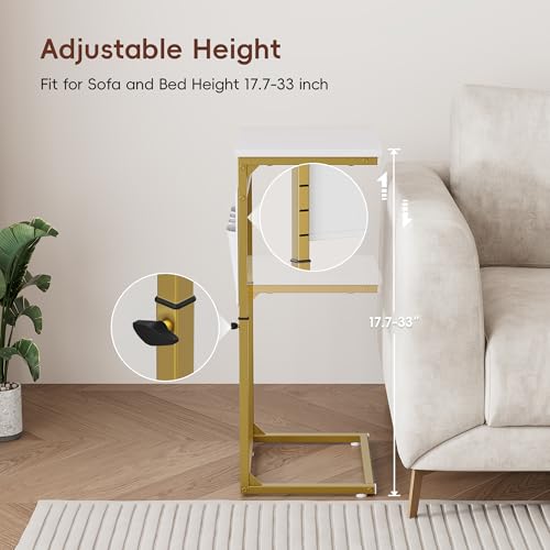 Vagusicc C Shaped End Table, 33'' Tall Side Table for Couch, Adjustable Height Small Couch Side Table for Small Spaces, C Table End Table Slide Under Sofa Table TV Tray Arm Table for Living Room - color: Golden