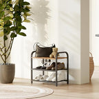 3-Tier Shoe Rack, Heavy-Duty Metal Grid, Rustic Wooden Top & Guardrails - for Entryway, Closet, Bathroom (Holds 6 Pairs, Space-Saving) - size: 17.32" X 10.24" X 16.93"