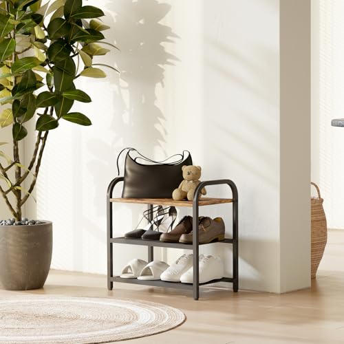 3-Tier Shoe Rack, Heavy-Duty Metal Grid, Rustic Wooden Top & Guardrails - for Entryway, Closet, Bathroom (Holds 6 Pairs, Space-Saving) - size: 17.32" X 10.24" X 16.93"