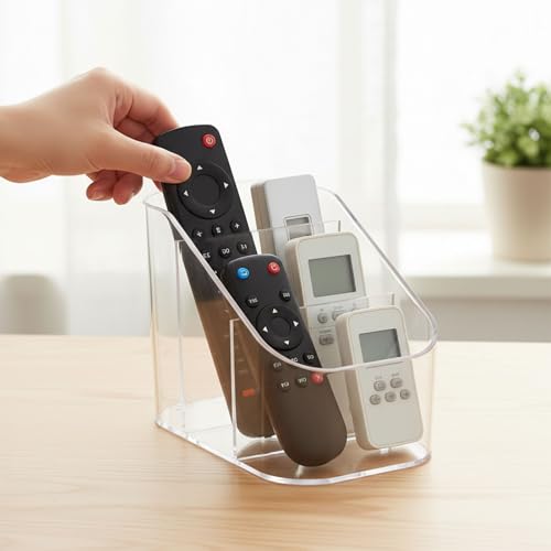 Remote Control Holder, Clear Plastic TV Remote Caddy for Desk and Nightstand Storage, Space-Saving Desk Organizer with See-Through Design for Living Room and Office Desk Accessories, 3 Compartments - size: 3 Slots