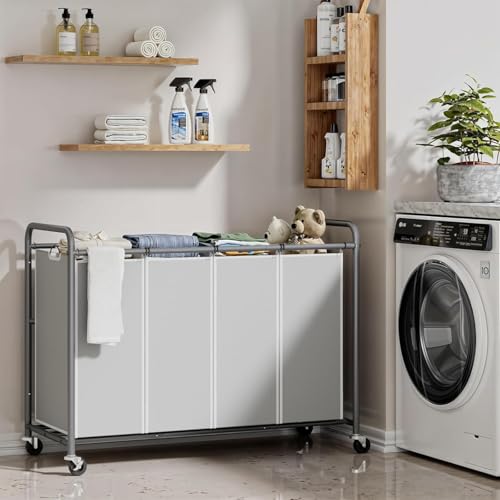 ROMOON Laundry Hamper Sorter Cart: 4-Section Organizer with Heavy-Duty Lockable Wheels and Removable Bags | 180L Rolling Laundry Basket for Dirty Clothes in Laundry Room or Small Spaces (Gray) - color: gray