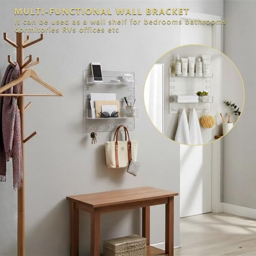 Bedside Shelf with Nanotape, No Drill Wall Mounted Organizer for Phone & Remote, Floating Charging Shelf for Dorm, Apartment, RV, Small Space Bedroom Decor for College Girl,Clear