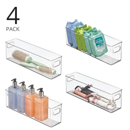 mDesign Plastic Bathroom Storage Container Bins w/ Handles - Closet, Cabinet, Vanity, Cupboard Shelf Organization, Hair Tools Accessory Organizer - Ligne Collection; Clear, 15.4x3.75x4.75 (Pack of 4) - size: 15.4 x 3.75 x 4.75 (Pack of 4)