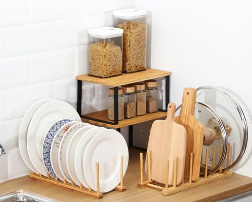 Marsui 4 Pcs Kitchen Organizer Accessories Set Cabinet Organizer Shelf and Bamboo Dish Drying Plate Rack Counter Shelves Storage Holder for Spice Rack, Dish, Pot Lid, Bowl, Cup(Light Color) - color: Light Color
