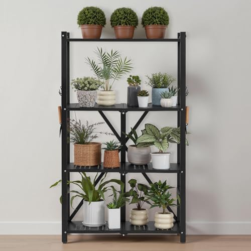 VEVOR 4-Tier Foldable Storage Shelf, 26W x 13D x 46H Inch Folding Metal Rack Shelving Unit, No Assembly Organizer Shelf with 5 Wheels & 4 Hooks for Pantry, Kitchen, Garage, Basement, Black - color: Black, size: 4-Tier