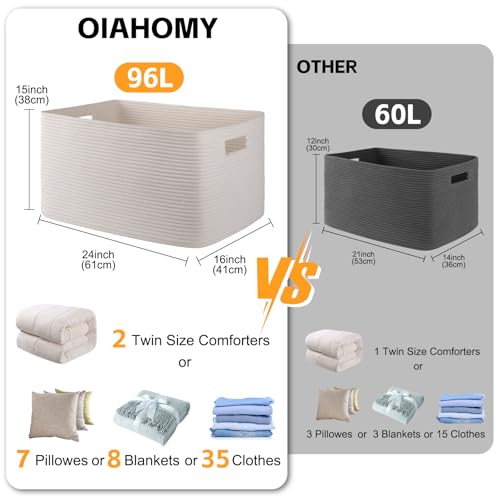OIAHOMY XXLarge Rectangle Blanket Basket-96L, Cotton Woven Basket for Storage, Dirty Clothes Basket for Living Room, Nursery, Bedroom, Toy Organizing with Handle, 24" x 16" x 15", White - color: White, size: 24”x16”x15”