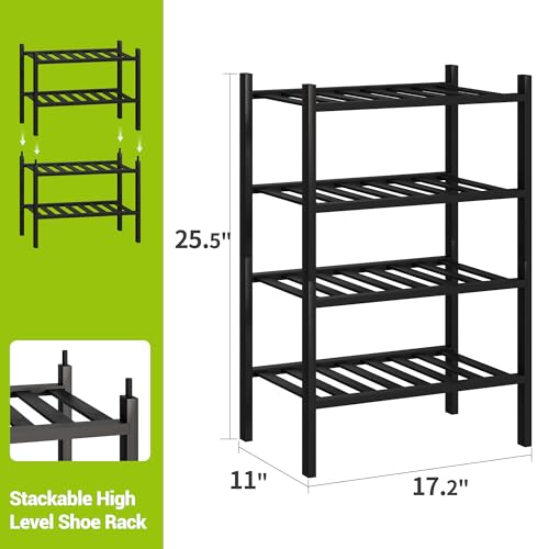 BMOSU 4-Tier Bamboo Small Shoe Rack Premium Stackable Shoe Shelf Storage Organizer for Hallway Closet Living Room Entryway Organizer (Black Bamboo) - color: Black Bamboo, size: Small-4-Tier（17*11*25.2inches）