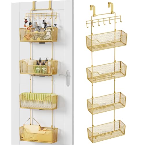 HapiRm Over The Door Organizer - Hanging Door Organizer with 4 Metal Large Capacity Baskets and Adjustable Coat Hook for Bathroom Bedroom Kitchen Pantry Closet Cabinet - color: Gold