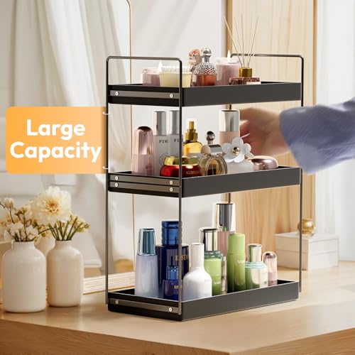 Bathroom Countertop Organizer, 3 Tier Metal Vanity Counter Skincare Shelf, Matte Black Under Sink Standing Rack With Acrylic Tray, Home Storage Holder For Lotion Makeup Cosmetics Perfume Spice - color: Black, size: 3 Tier