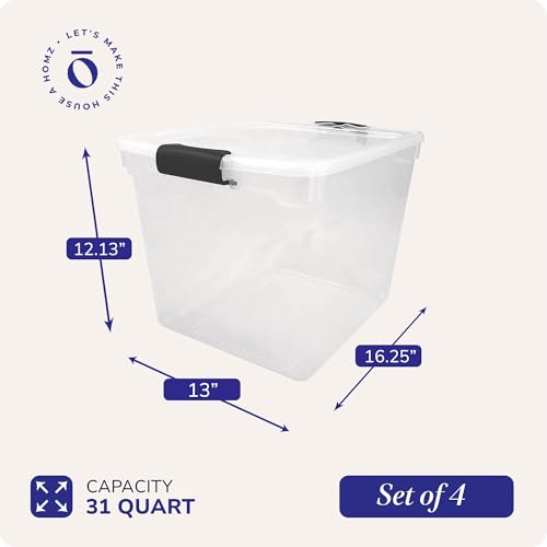 HOMZ 4-Pack 31 Quart Latching Lid, Clear Plastic Storage Organizer Bins, Gray – Stackable Containers for Home & Office Shelves, Kitchen, Garage, and Bathroom Organization - color: Gray, size: 31 QT (4 Pack)