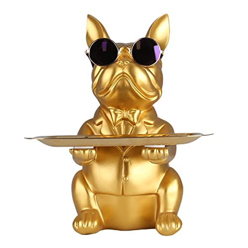 QIANLING Modern Decor Resin Gold Bulldog Tray Statue Tray Storage Key Holder Candy Jewelry Earrings Tray Suitable for Home Decor Modern Art Dining Table Decor Office Small Object Tray (Golden Yellow) - color: Gold