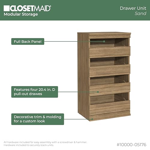 ClosetMaid Modular Storage Unit with 4 Drawers, Wood Closet Organizer, Stacking, Full Backer, Storage, Decorative Trim, Sand - color: Sand