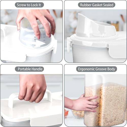 Komzon Rice Storage Containers, Airtight Cereal Containers Storage, with Pouring Spout Portable Handle for Flour, Pasta, Grain and Baking, Pet Dog Cat Bird Food Container 20lb White - color: 20lb White