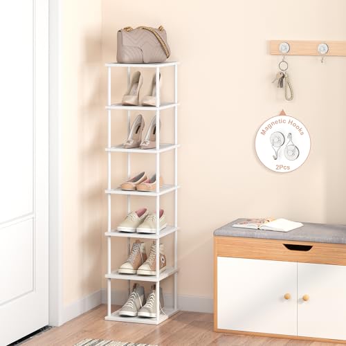 Vertical Tall Shoe Rack Organizer for Entryway -7 Tier Free Standing Slim Narrow Bamboo Wood Corner Stackable Shoe Boots Storage Stand Small Spaces for Closet Garage Cloakroom Living Room (White) - color: White, size: 7 Tier