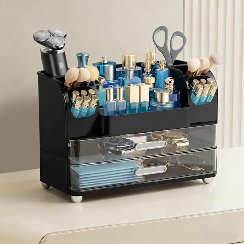 HBlife Makeup Organizer for Vanity with Brush Holder, Cologne Organizer for Men, Large Bathroom Countertop Cosmetic Organizer Skin Care Storage, Easy to Store Lipsticks, Nail Polishes, Perfumes, Black - color: Black