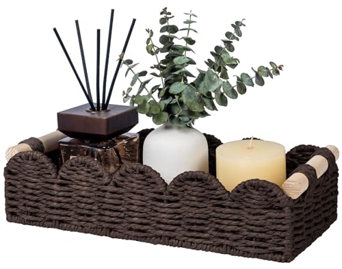 CubesLand Toilet Paper Storage Basket Organizer, Small Wicker Toilet Tank Top Decorative Baskets for Countertop, Handwoven Scalloped Basket w/handle for Home Decor, Living Room, Bedroom, Brown - color: Brown, size: S - 12.99"L x 6.3"W x 3.15"H
