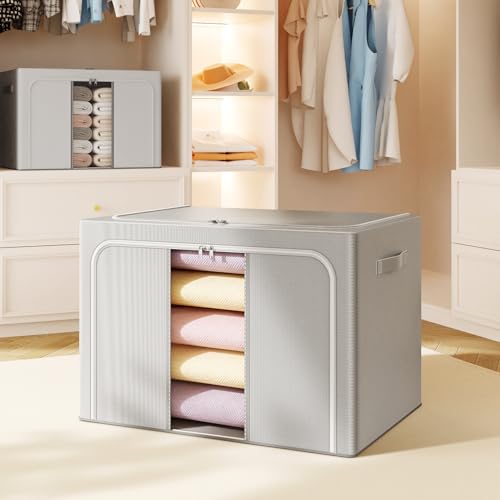 Clothes Storage Bins with Metal Frame Foldable Storage Box Clothes Organizers Storage Containers for Clothes Sheets Blankets Books Toys Gifts and Holiday Decorations (66Lx3 Pack) - color: Light gray, size: 66L（19.7“X15.7"X13"）