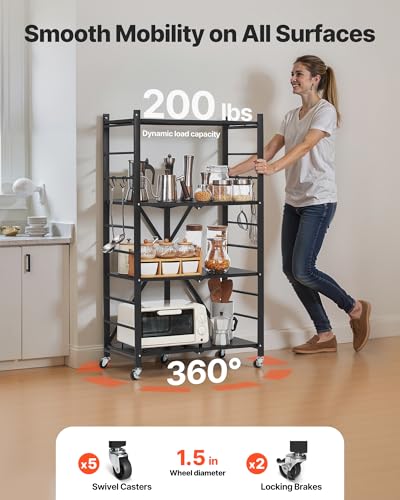 VEVOR 4-Tier Foldable Storage Shelf, 26W x 13D x 46H Inch Folding Metal Rack Shelving Unit, No Assembly Organizer Shelf with 5 Wheels & 4 Hooks for Pantry, Kitchen, Garage, Basement, Black - color: Black, size: 4-Tier
