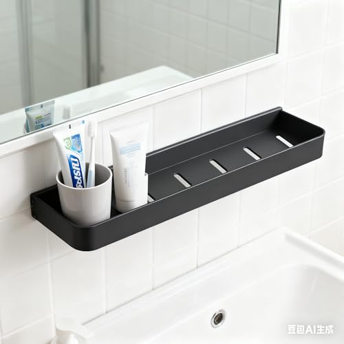 Bathroom Shelf with Towel Bar，Wall-Mounted Shower Storage Rack, 15.75 -Inch Suitable for bathrooms, Kitchens and Toilets，No Drill Bathroom Shelf
