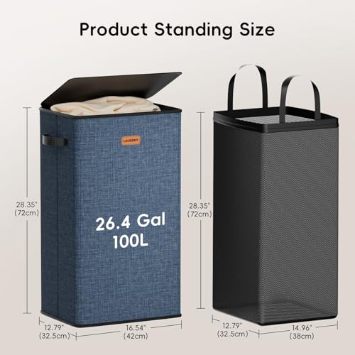 100L Laundry Hamper with Lid, Large Clothes Hampers with Removable Bag, Collapsible Laundry Basket for Bathroom, Bedroom, Laundry Room, Dorm, Navy Blue - color: Navy Bule, size: 100L - 1 Section