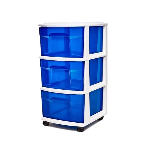 HOMZ Drawer Tower, 3-Tier Clear Blue Plastic Storage Organizer Cart, White Frame - Rolling Drawer Containers with Wheels for Bathroom, Bedroom, Office, and Classroom Organization - color: White Frame/Blue Drawers, size: 1 Pack