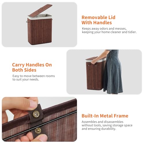 Bamboo Laundry Hamper Large 106L with Removable 4-Section Liner, Foldable Storage Basket with Lid and Handles for Bedroom, Laundry Room, Small Spaces – Brown- Rectangle - color: Brown - Rectangle