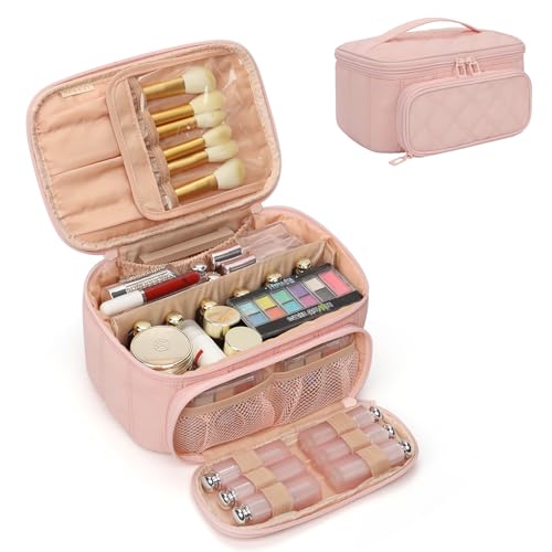 OCHEAL Makeup Bag, Multifunctional Make Up Bags Large Compact Makeup Bag Organizer Cosmetics Toiletry Brushes Storage Makeup Case with Handle for Women Girls Makeup Case with Handle-Pink - color: 0020_Pink with front pocket, size: Medium