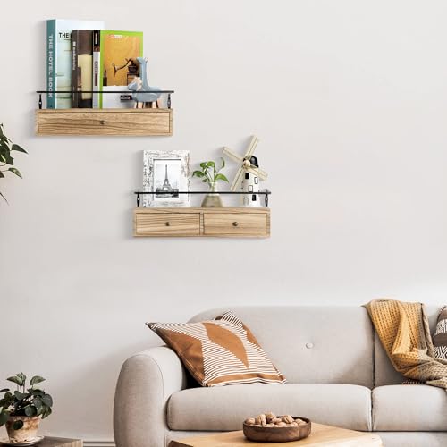 DreamPossible Floating Shelves - Wall Mounted Bathroom Shelf Set of 2 with Drawers, Rustic Wood Shelves for Bedroom, Living Room, Kitchen, Wall Decor, Plants, Books (Brown) - color: Brown, size: 13.8 Inch Long
