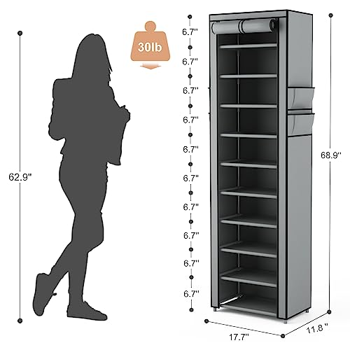 VTRIN Vertical Narrow Shoe Rack Organizer Tall Shoe Rack for Closet Entryway 10 Tier Non-Woven Cover Shoe Shelf Holds 20-22 Pairs Free Standing Shoe Storage Cabinet with Dustproof Cover, Grey - color: Grey, size: 17.7"W x11.8"D x 68.9"H