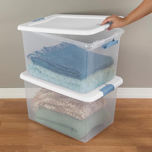 Sterilite 8-Pack 64 Quart Latching Box, Clear Plastic Storage Organizer Bins with White Lids - Large Stackable Containers for Home Bedroom, Dorm Room, and Closet Organization - size: 64 Quart, style: 8 Pack