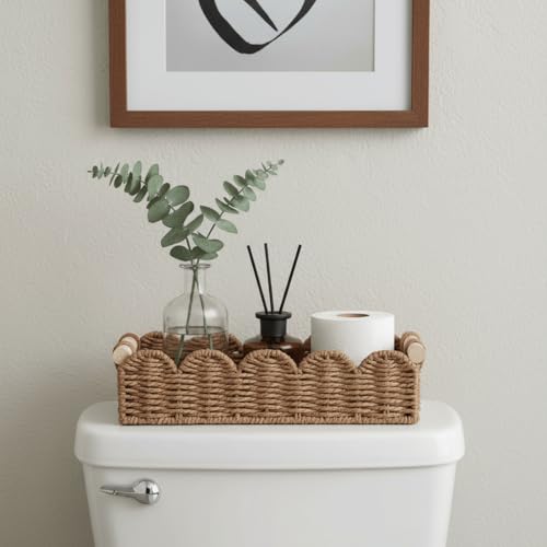 CubesLand Toilet Paper Storage Basket Organizer, Small Wicker Toilet Tank Top Decorative Baskets for Countertop, Handwoven Scalloped Basket w/handle for Home Decor, Living Room, Bedroom, Neutral - color: Neutral, size: S - 12.99"L x 6.3"W x 3.15"H