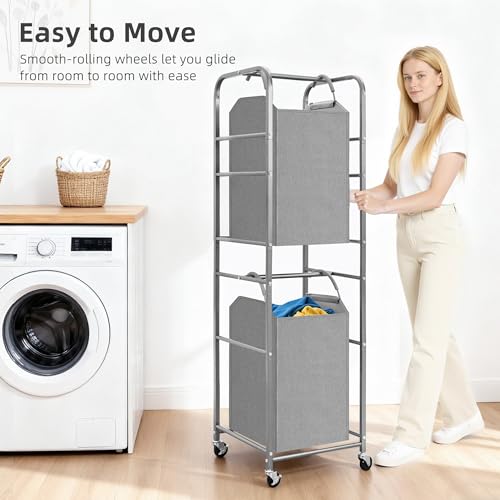 STORAGE MANIAC 2 Tier Vertical Laundry Hamper, 2 Section Laundry Sorter with 2 Removable Tote Bags, Rolling Clothes Basket for Towels, Blankets, Tall Dirty Clothes Hamper for Closet, Bathroom, 2 Bags - size: 2 Section