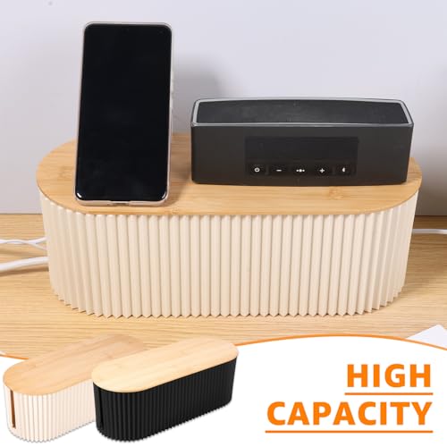 2Pcs Cable Management Box, 13 × 5.12 × 4.33 inch Plastic Cord Hider Box with Wood Lid, Hidden Storage Cord Organizer Box, Ample Internal Space Power Strips Cover Easy Access for Home Office