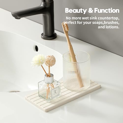 Razborci 2 Pack Greige Bathroom Sink Vanity Trays, Diatomite Stone Kitchen Counter Caddy Dish Soap Dispenser Sponge Holder, Water Absorbing Mat Organizer for Plant,Cosmetic Bottle, Beige, 8"x3.8" - color: 2pcs - 8"x 3.8" - Beige