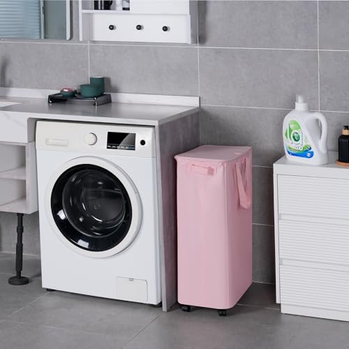 Vincona Slim Laundry Hamper with Lid and Wheels, Small Rolling Laundry Basket with Handle for Small Spaces, Tall Dirty Clothes Hampers for Dorm, Bathroom and Bedroom, 75L, Pink - color: Pink, size: 75L