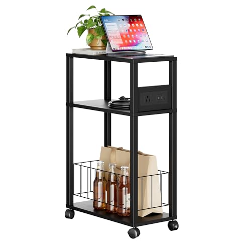 DGSANDGO Black Narrow Rolling Side Table with Charging Station (Outlets/USB Ports) & Storage Basket - Small Space End Table for Living Room Bedroom Office (Black) - color: Black, size: Basket Narrow-24.4"H 1 PC