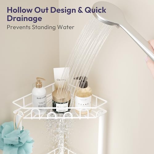 SWTYMIKI Standing Shower Caddy Corner - 3‑Tier Stainless Steel Shower Organizer Shelf with 12 Hooks and Adhesive Pads, Rustproof Corner Shelves Stand Rack for Bathroom Shower Room, white - color: White