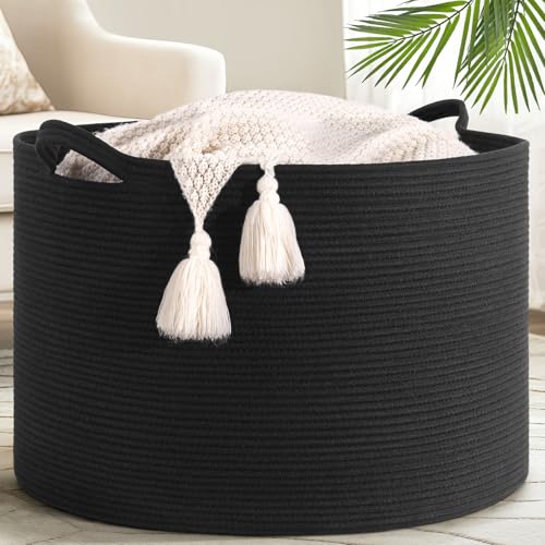 Goodpick Large Storage Basket, 23.5'' x 15.8'' Woven Storage Baskets, Cotton Rope Toy Storage for Kids Decorative Laundry for Home, Perfect for Living Room, 115L Black - color: Black, size: 23.5x23.5x15.8 Inch (Pack of 1)