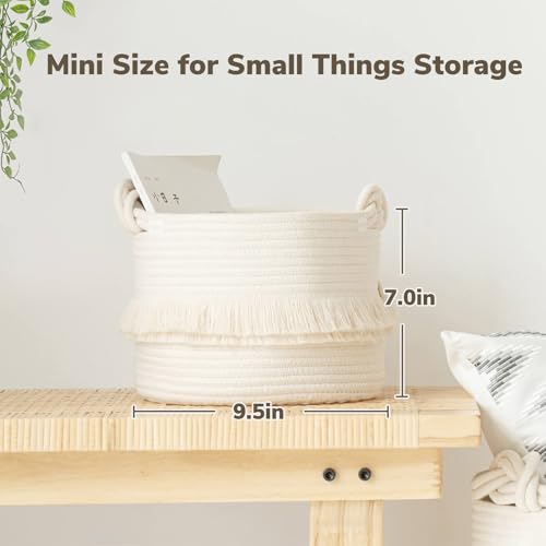 CherryNow Small Woven Storage Baskets, 9.5'' x 7'' inches Cotton Rope Decorative Hamper for Diaper, Blankets, Magazine and Keys, Cute Tassel Nursery Decor - Home Storage Container, Off-white - color: Off-white, size: 10L (9.5"W x 7"H)