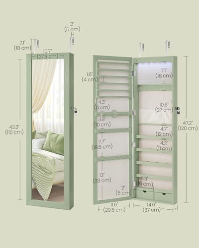 SONGMICS 6 LEDs Mirror Jewelry Cabinet, 47.2-Inch Tall Lockable Wall or Door Mounted Jewelry Armoire Organizer with Mirror, 2 Drawers, 3.9 x 14.6 x 47.2 Inches, Laurel Green UJJC093C01 - color: Laurel Green