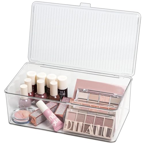 ZEXALOR Clear Plastic Storage Bin with Lid, Makeuo Holder, Fridge Organizer, Refrigerator Organizers and Storage, Small Container for Pantry, Office, Dresser, Bathroom, Kitchen, Snack - size: Medium