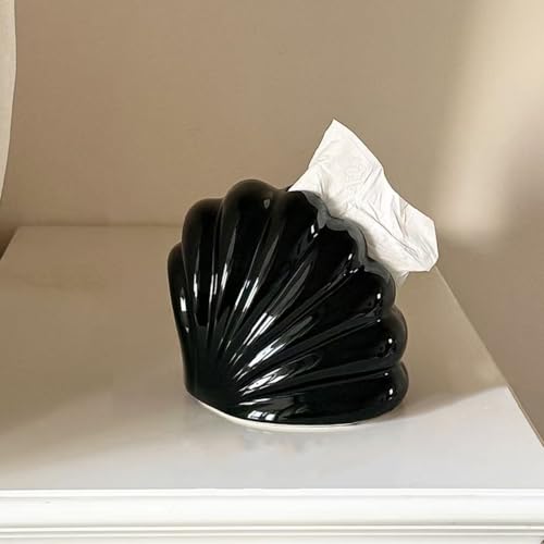 Ceramic Tissue Box Cover Modern Decorative Organizer for Facial Tissues Holder, Farmhouse Style Home Decor for Bathroom, Bedroom, Living Room & Office (Shell Black) - color: Shell Black