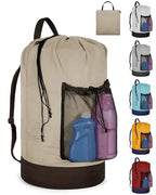 Laundry Bag with Shoulder Straps and Mesh Pocket Laundry Backpack Large Portable Laundry Hamper for College Laundromat Apartment - color: Khaki & Brown