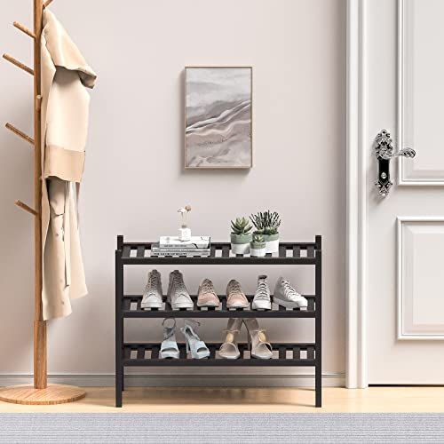 ROMGUAR CRAFT 3 Tier (Thick) Bamboo Shoe Rack for Entryway, Small Wood Shoe Shelf Storage Organizer for Closet, Shoe Stand for Hallway, Stackable and Sturdy 27"x12"x21" Black - color: Black, size: 3 Tier(Thick)