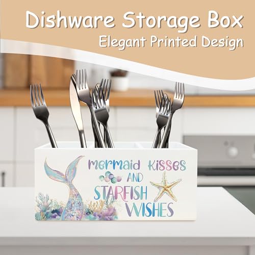 Pastel Mermaid Beach Pen Pencil Holder Organizer for Desk, Mermaid Gifts for Girls Women, Coastal Ocean Starfish Coral Wooden Box Block Sign for Home Classroom Dorm Office Tabletop Decor - color: Mermaid