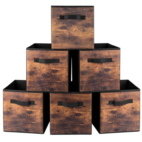 EWES 11 Inch Fabric Storage Cubes, 6 Pack Foldable Storage Bins with Handle, Storage Baskets Box for Shelves, Closet, Organizer, Brown Black - color: 6 Pack Brown, size: 11 Inch